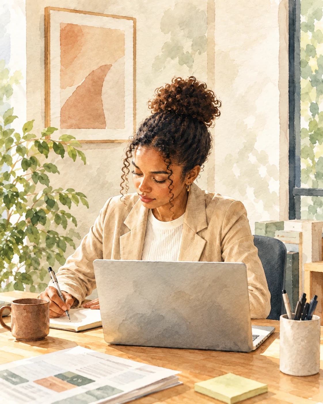 Une femme assise à son bureau, carnet ouvert, regard calme